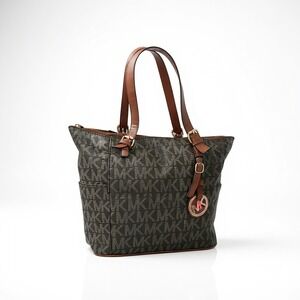 Michael Kors Signature Monogram Tote Bag Brown Leather Trim Zipper Closure